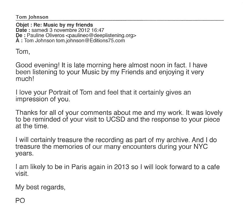Copy of Email from Pauline Oliveros to Tom Johnson re Music by my Friends